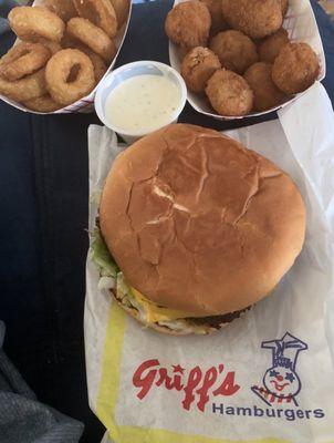 Onion Rings, Fried Mushrooms, Giant Double Cheeseburger.