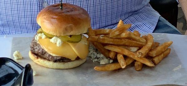 Medium rare beef patty topped with smoked Gouda and blue cheese crumbles...