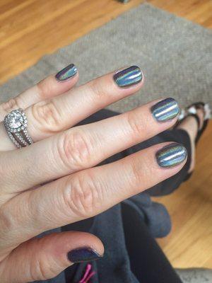 Black gel manicure with hologram powder