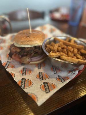 Bacon Cheeseburger on Steroids* and fries