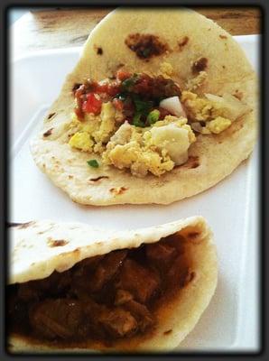 Breakfast of champs: Potato & Egg taco and Carne Guisada taco.