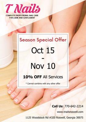 Season Special Offer: Oct 15 - Nov 10 10% OFF All Services Not combine with other offer http://tnailsroswell.com