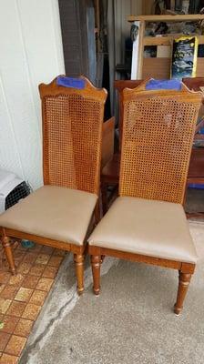 Two dining chairs, recaned and stained to match the other chairs in the dining set!