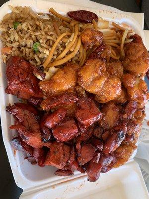 Chow Mein and Fried Rice with Orange Chicken and  pork.