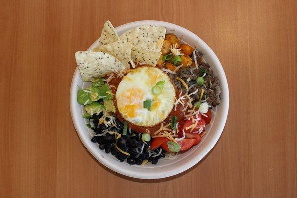 "Morning Mustachio" - breakfast burrito ingredients in a bowl!