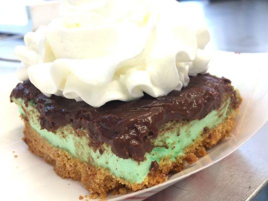 The Lucky Leprechaun, a Graham Cracker crust, peppermint marshmallow filling topped with chocolate ganache.