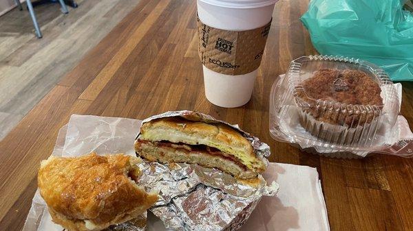 Egg Bacon, Egg and Cheese on a Croissant Sandwich, coffeecake, vanilla latte