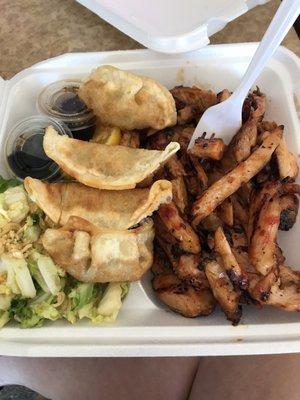 Spicy chicken and gyoza lunch special . Came with a separate container of rice