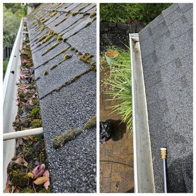 Before and after. Gutter cleaning & moss removal.