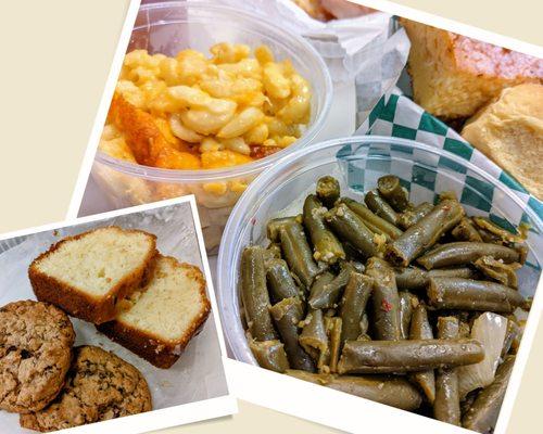 Mac 'n cheese and green beans, bundt cake and cookies.