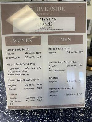 Spa Riverside price list