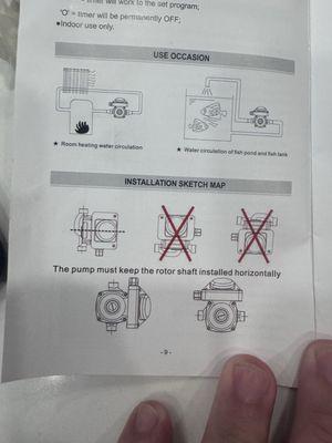 Directions that the circulating pump rotor should be horizontal not vertical