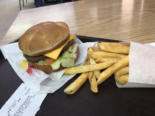 25 minute cheeseburger and fries.