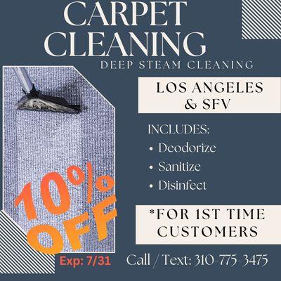 Take advantage of our 10% discount we are offering until July 31 for our first time customers only for our carpet deep cleaning services