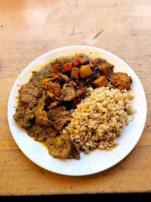 Left to right: Chile Verde, Jamaican jerk, brown rice