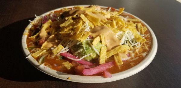 Vegetarian Loaded Tortilla Soup in a bowl instead of a shell