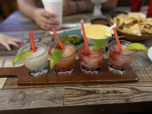 Margarita flight. (Left to right- House, watermelon, strawberry, sangria)