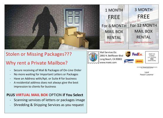 3 months FREE for first 1 years Mail Box Rental