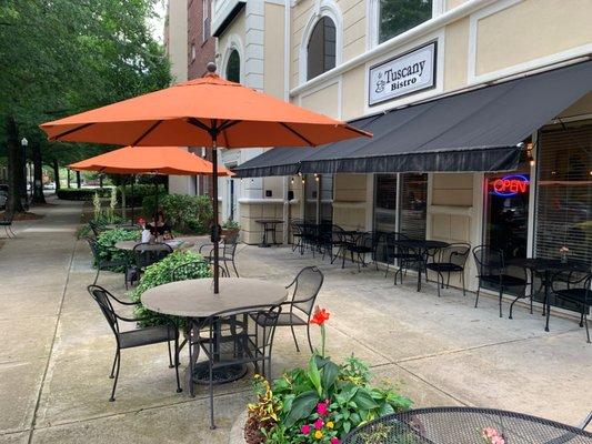 Patio dining under the trees.