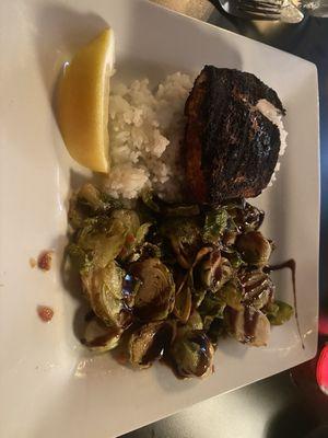 Blackened mahi with Brussel sprouts. Excellent!