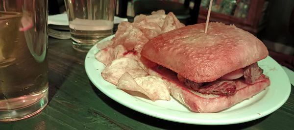 The cheesesteak, full of chunks of sirloin