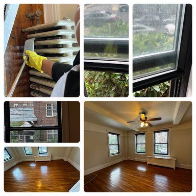 Post Construction Clean, dust debris removed, radiator thick dusted, windows cleaned and shined, & floors mopped and glossed.