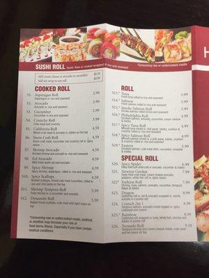 Sushi menu