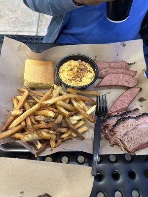 Mac & cheese, french fries sausage and brisket