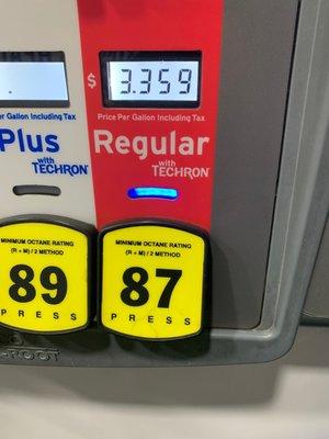 $3.36 per gallon cash or Chevron credit card otherwise another $.10 per gallon. 87 octane January 14, 2020. Expensive as hell