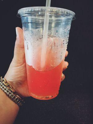 My go-to afternoon pick me up: a sugar free red bull from their drink cooler with strawberry syrup over ice.