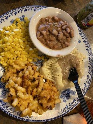 Cold pinto beans, cold unseasoned corn, cold greasy Mac and cheese, cold gravy.