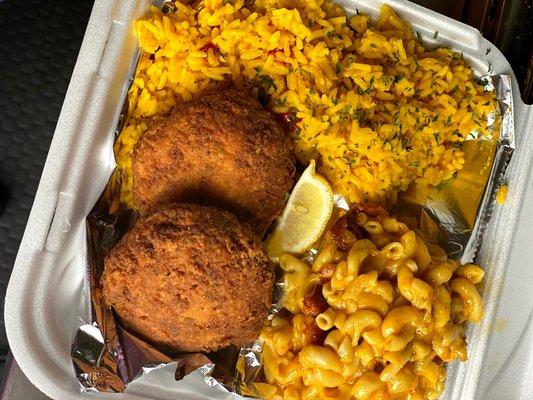 Salmon patties, yellow rice and Mac and cheese