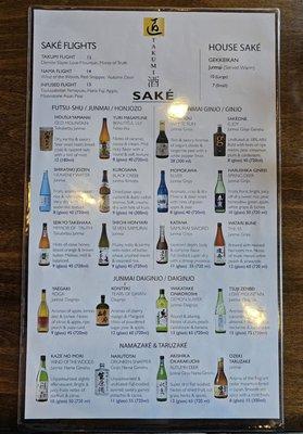 Saké Menu as of Oct 2024