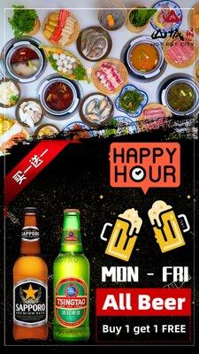 Beer buy 1 get 1 free now all weekday!