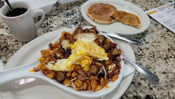 Coffee, Triple double skillet with pancakes instead of toast.