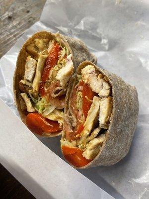 Grilled chicken, roasted red peppers, lettuce, tomatoes, on a whole wheat wrap