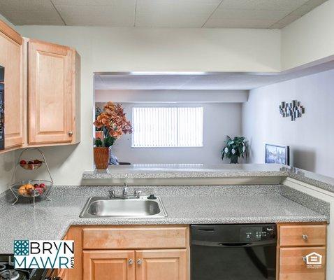 1 bedroom kitchen with a view of the living room