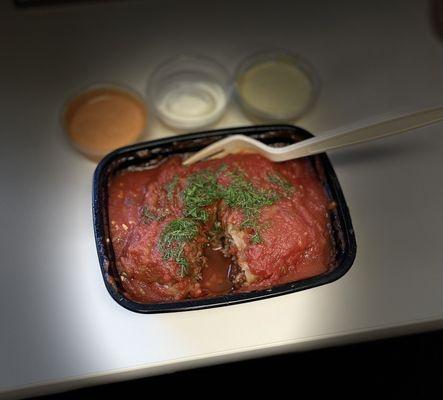 Holubtsi (stuffed cabbage rolls) #glutenfree with 3 of their free sauces (spicy mayo, sour cream, and garlic herb mayo)