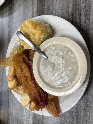 Biscuits and gravy, home fries, and bacon!