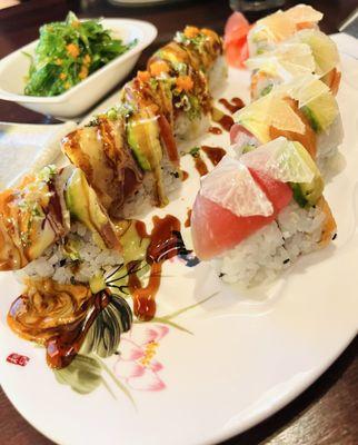 Seaweed salad, Terre Haute roll, & Rainbow Roll