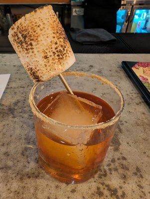 Fall Fashioned - Woodford Rye Bourbon, Orange bitters, Coconut simply syrup, Graham cracker and toasted marshmallow