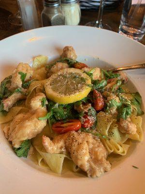 Shrimp Francese over Pappardelle with Arugula & Grape Tomatoes.