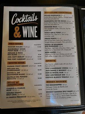 Cocktail, wine menu