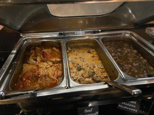 Fish, beef stroganoff and mushrooms