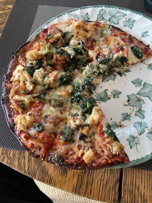 Gluten free Chicken Florentine. Crust was burned but pizza was otherwise great!