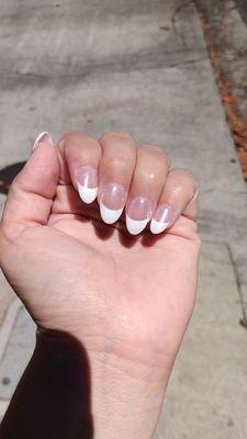 Small pointy acrylics that are French Tip covered in Chrome. Exactly like the picture I had saved for reference