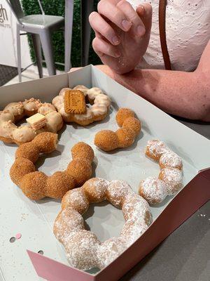 Top down, Strawberry - Biscotti (our favs) Churro (x2) Funnel cake (x2)