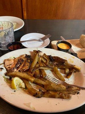 Salmon and fries.  Cosmo was gross.