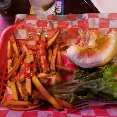 Huge cheeseburger and fresh cut fries