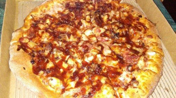 BBQ Chicken pizza (has bacon & onions too). Yum!